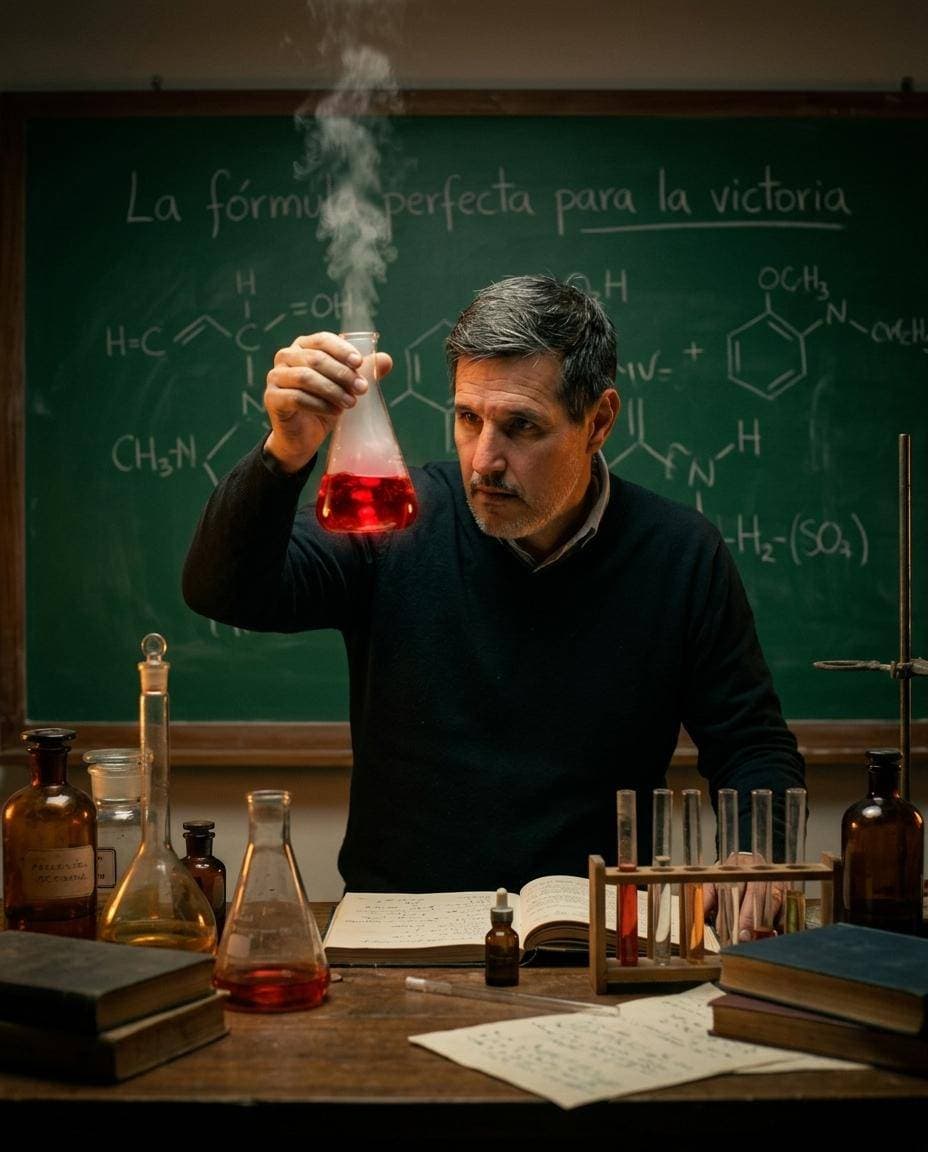 Versión final elegida, generada con Gemini, del profesor de química con la fórmula de la victoria