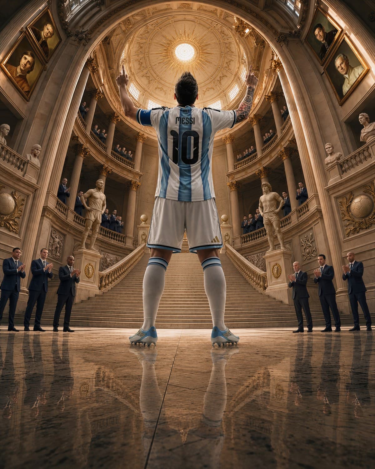 Messi celebrando en un salón monumental, imagen generada con VR System