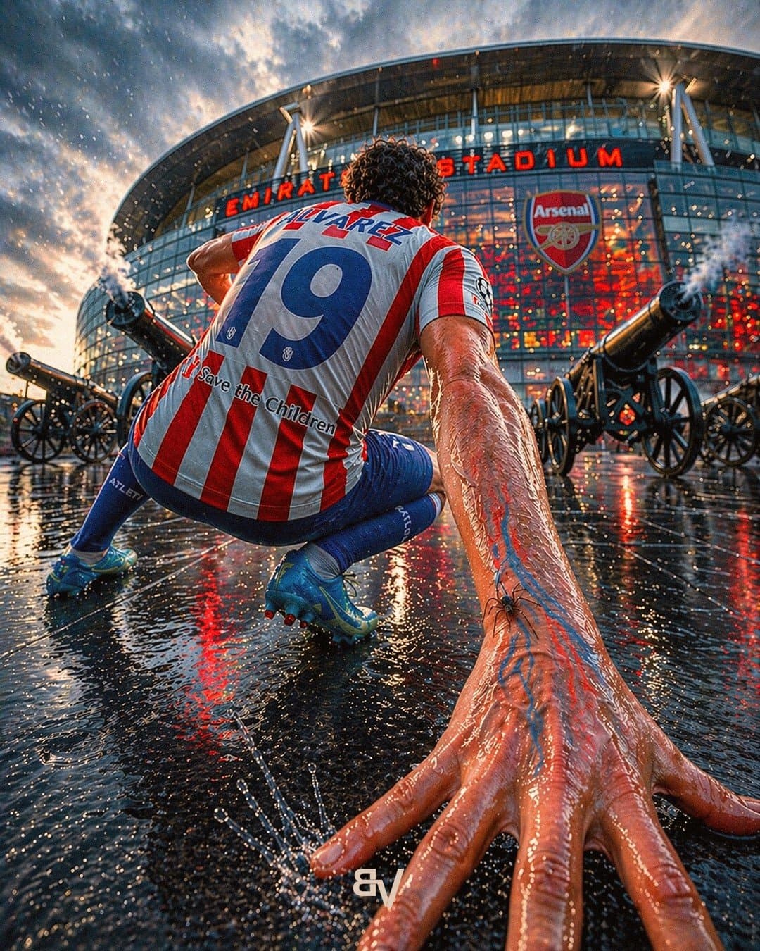 Julián Álvarez frente a un estadio, imagen generada con VR System